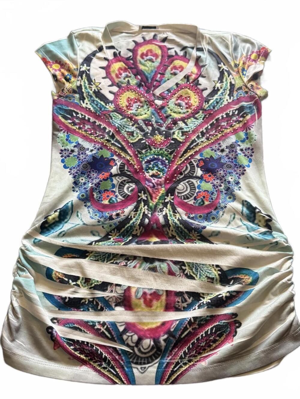 Y2K Body Central Psychedelic Rhinestone Cutout Fairycore Festival Top Tee
